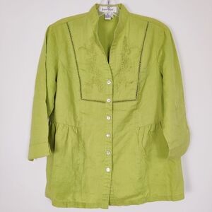 Lino USA Women's Embroidered Linen Blouse Green Size Small 100% Linen Bohemian